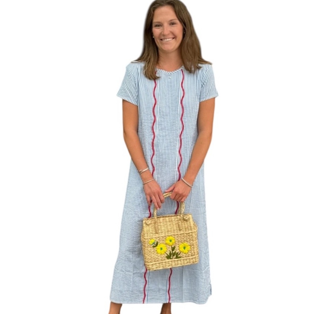 Light Blue Striped Maxi Dress with Pink Trim